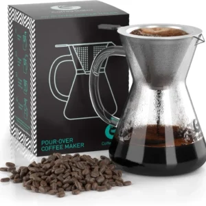 Pour Over кафе машина 800 мл – Стъклен чайник с метален филтър, ръчно филтрирано кафе