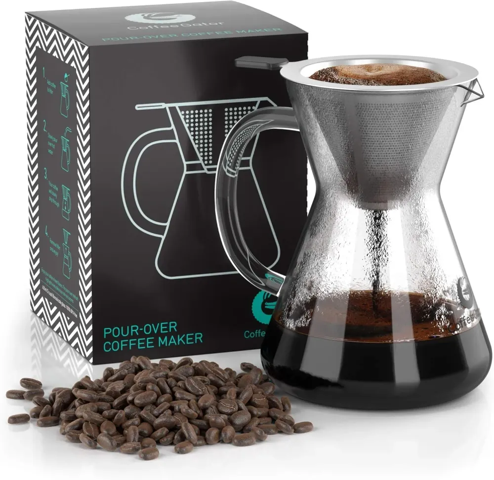 Pour Over кафе машина 800 мл – Стъклен чайник с метален филтър, ръчно филтрирано кафе