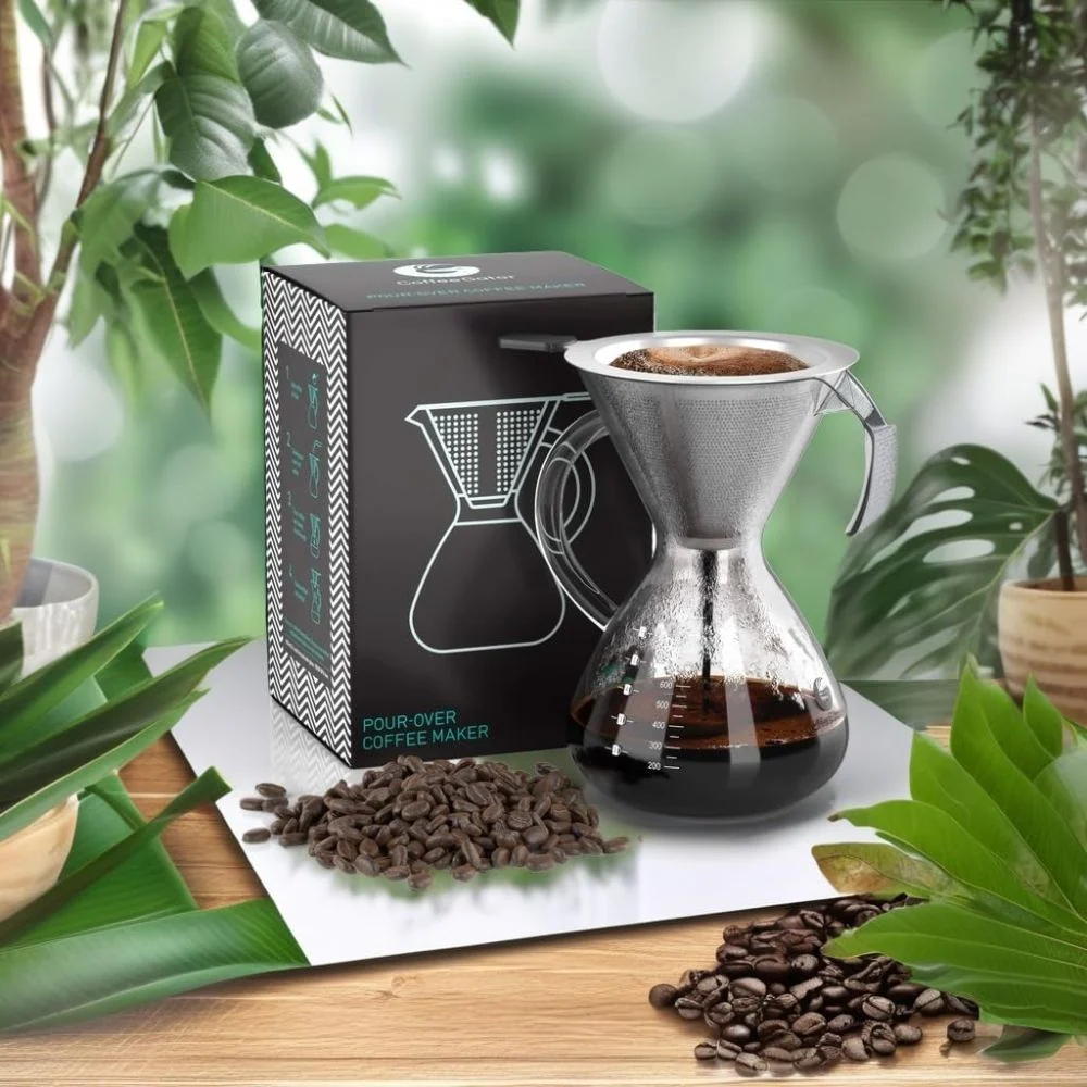 Pour Over кафе машина 800 мл – Стъклен чайник с метален филтър, ръчно филтрирано кафе