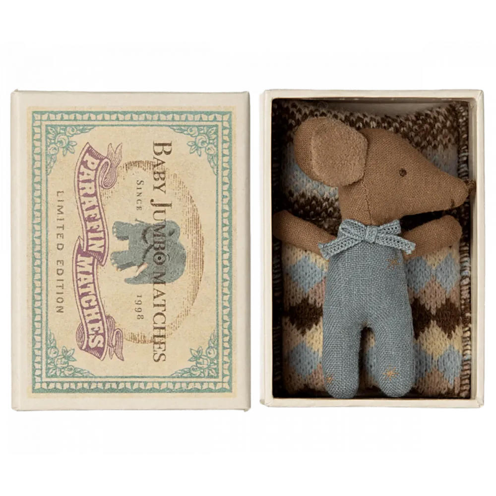 Maileg, Sleepy/wakey baby mouse matchbox - Blue
