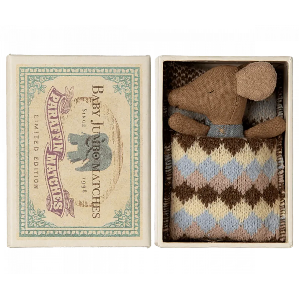 Maileg, Sleepy/wakey baby mouse matchbox - Blue