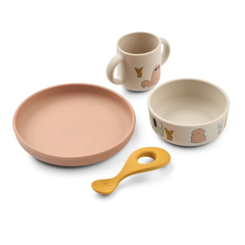 Liewood Vivi Baby Dinner Sets - 4 pieces - Silicone - Cats and Dogs/Sandy