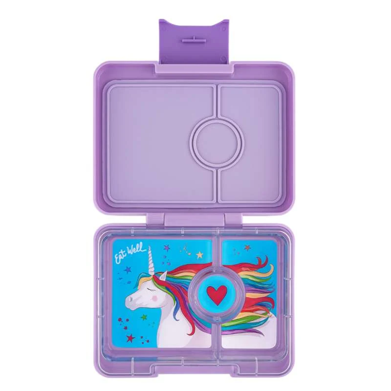 Прозрачен херметичен Yumbox Lunchbox - Minisnack - 3 compartments - Lavender Purple/Unicorn