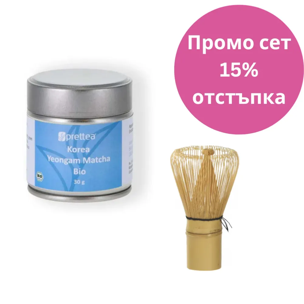 Промо сет Матча Korea Yeongam Bio от Корея, 30гр. в кутия и метличка за матча (часен)