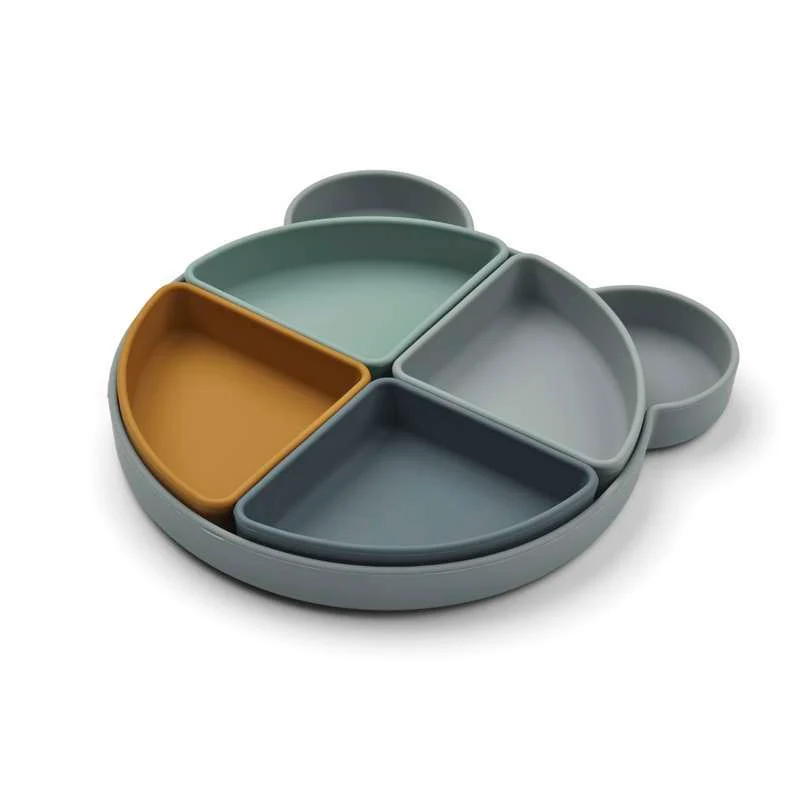 Liewood Arne Plate 4 Insert Bowls - Silicone - Mr. Bear/Blue Fog Multi Mix Lid Included