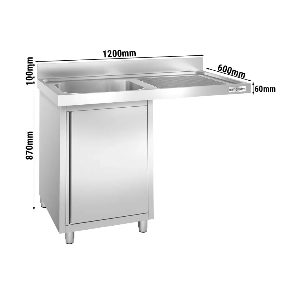Мивка-шкаф за миялна зона - 1200x600mm - с 1 корито вляво - с отваряеми врати - с борд 100mm - корито 40x40cm - AISI 304