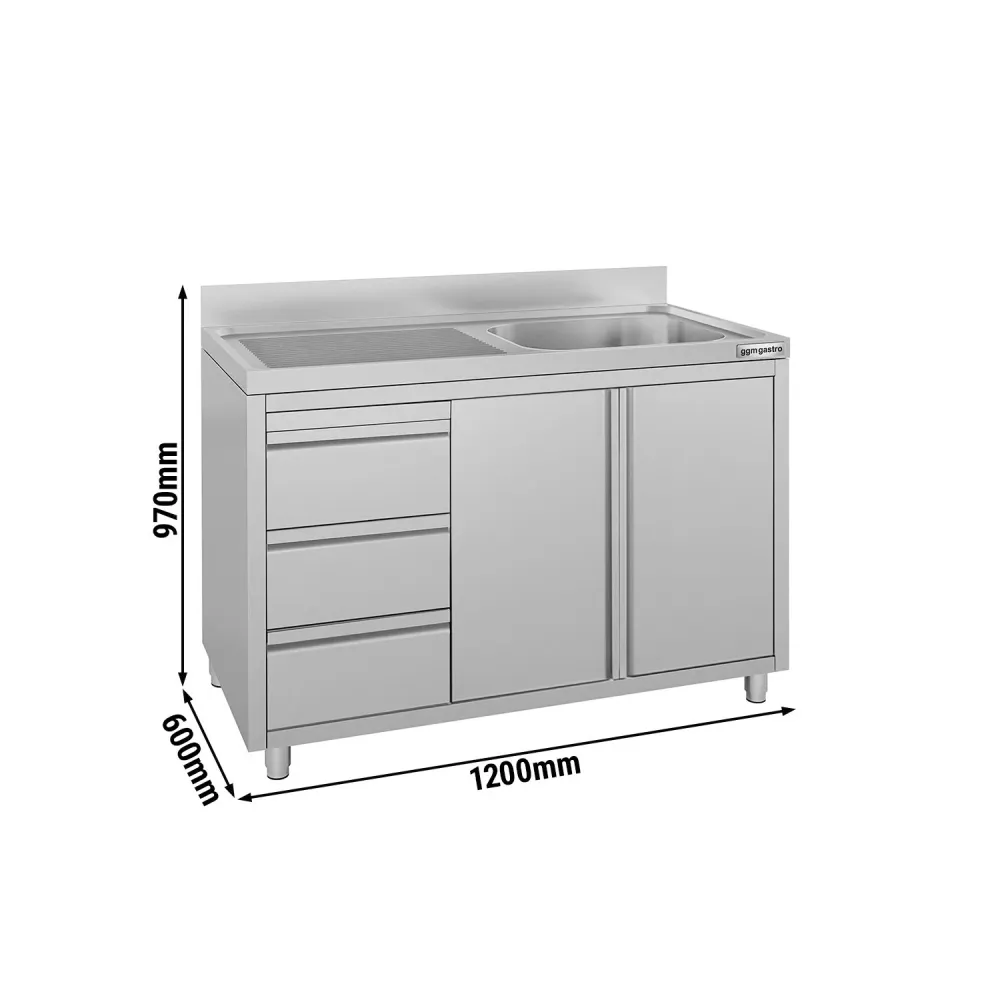 Шкаф с мивка - 1200x600mm - с 1 корито вдясно - 3 чекмеджета
