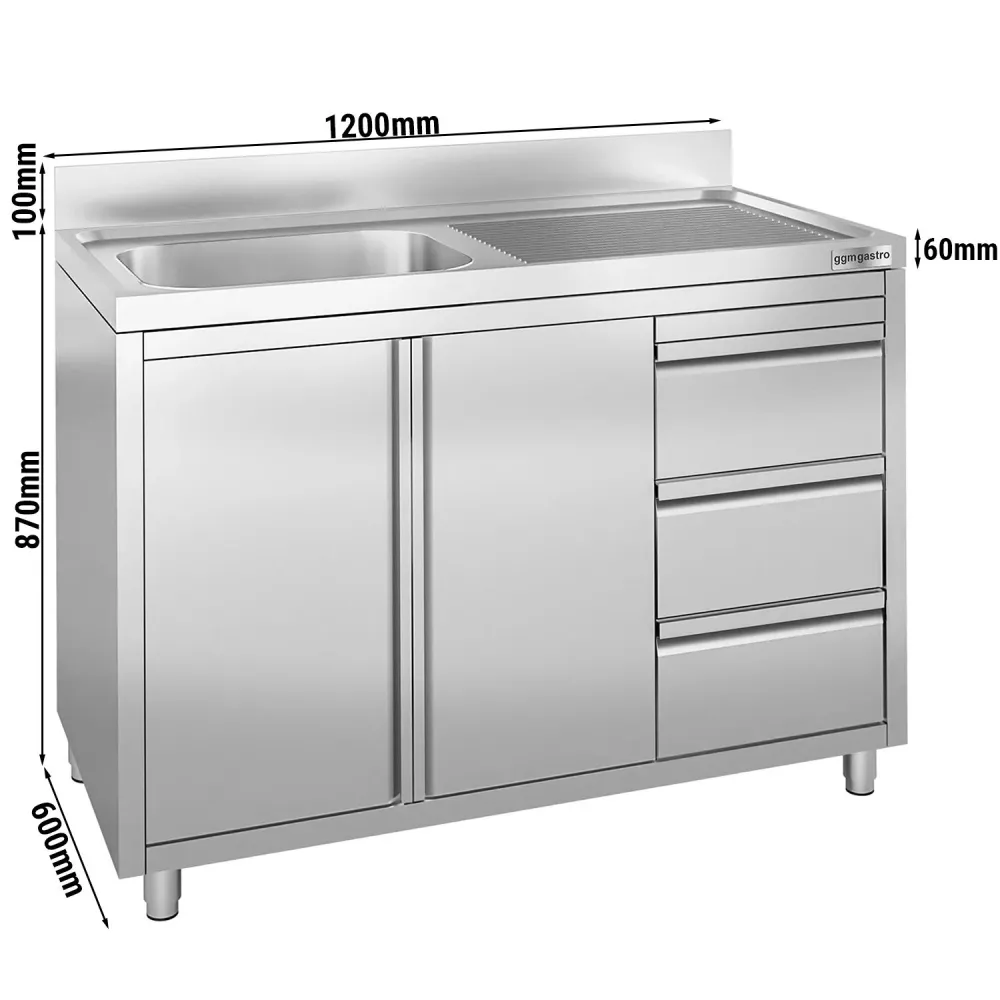 Шкаф с мивка - 1200x600mm - с 1 корито вдясно - 3 чекмеджета