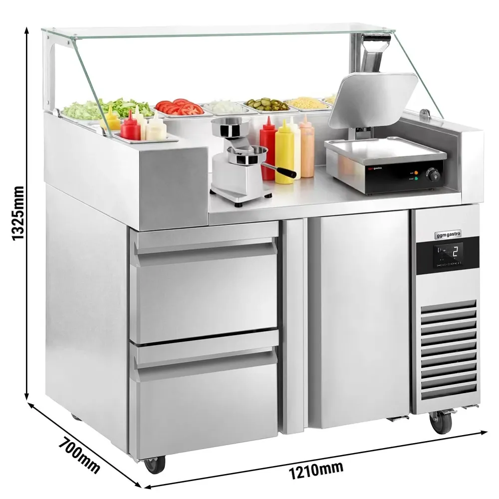 Подготвителна маса - 1210x700mm - с 1 врата и 2 чекмеджета - надстройка: за 9x GN 1/6 - вкл. Контактен грил цифров 0,57м -...