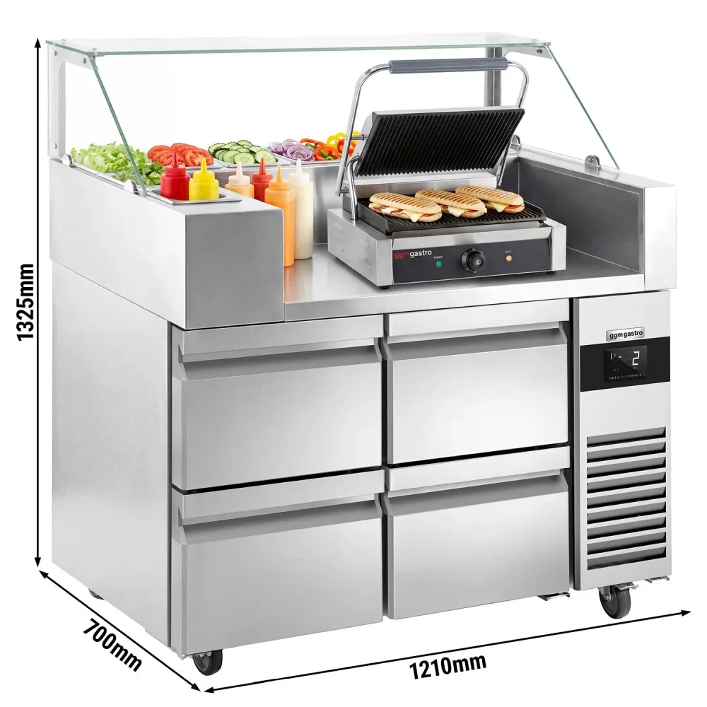 Подготвителна маса - 1210x700mm - с 4 чекмеджета - надстройка: за 9x GN 1/6 - вкл. Контактен грил цифров 0,57м - оребрен о...