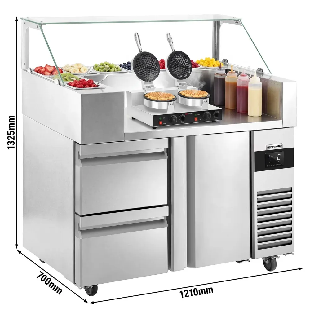 Подготвителна маса - 1210x700mm - с 1 врата и 2 чекмеджета - салатна витрина: за 9x GN 1/6 - вкл. Цифров Гофретник - форма...