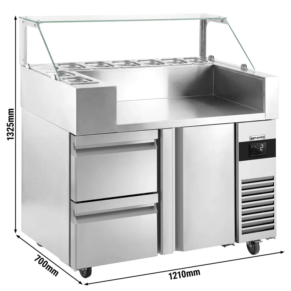 Подготвителна маса - 1210x700mm - с 1 врата и 2 чекмеджета (1/2) - надстройка: за 9x GN 1/6