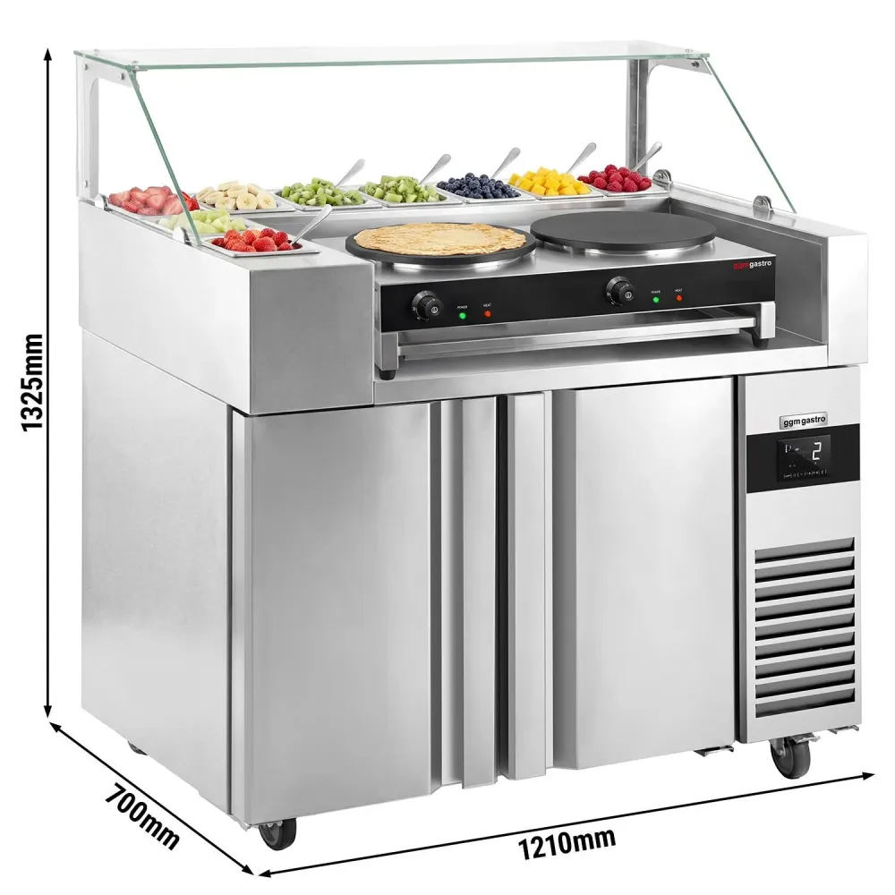 Подготвителна маса - 1210x700mm - с 2 врати - надстройка: за 9x GN 1/6 - вкл. Crêpes уред с 2 плочи