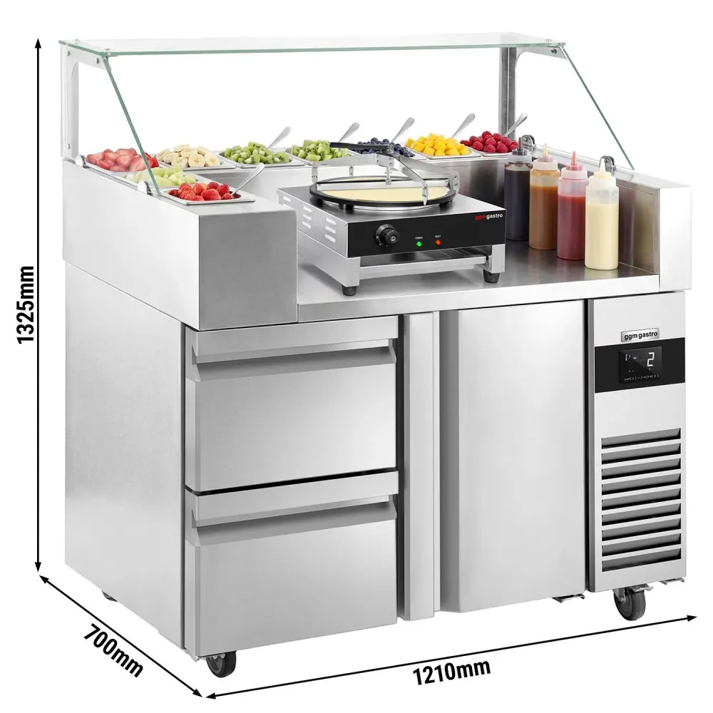 Подготвителна маса - 1210x700mm - с 1 врата и 2 чекмеджета - надстройка: за 9x GN 1/6 - вкл. Crêpes устройство & Тесторазп...