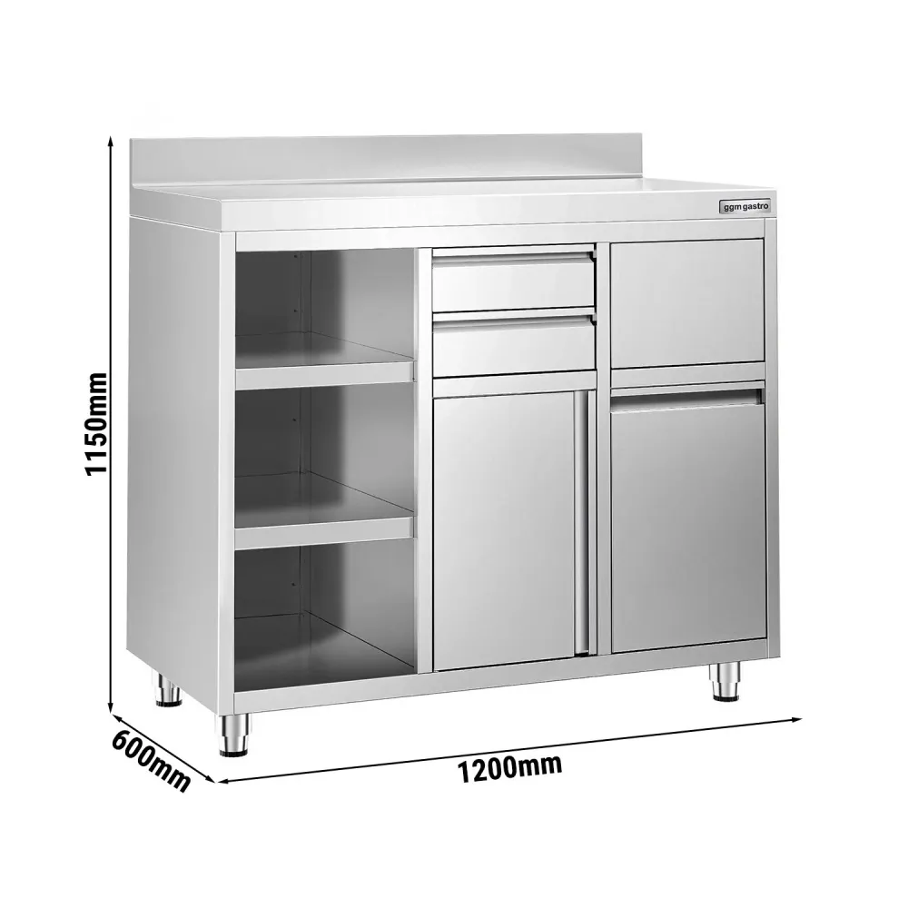 Професионален Работен шкаф от неръждаема стомана - за кафемашина - 1292x600mm - с отваряеми врати (на панти) & Борд