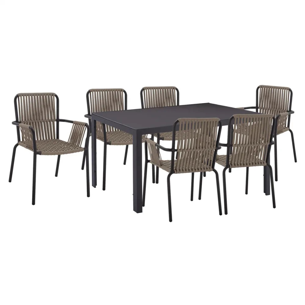 Комплект за трапезария 7 часта сива маса 150x90 и столове с въже КГ1152501