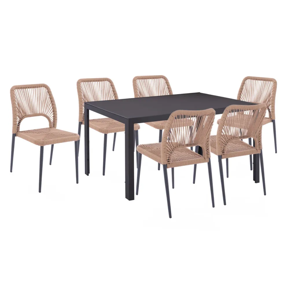 Комплект за трапезария 7 части сива маса 150x90 и столове с въже КГ1152601