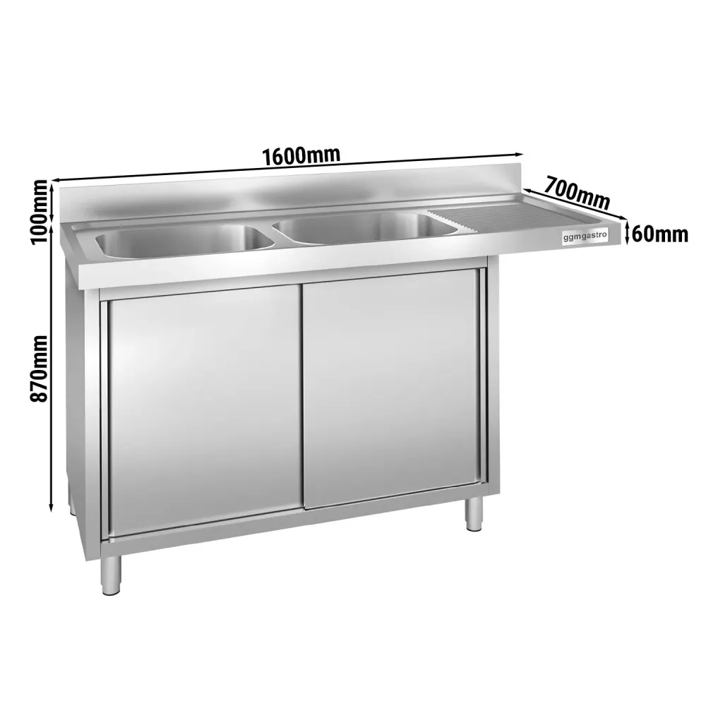 Мивка-шкаф за миялна зона - 1600x700mm - с 2 корита вляво - AISI 304 - с борд 100mm - корита 40x50cm