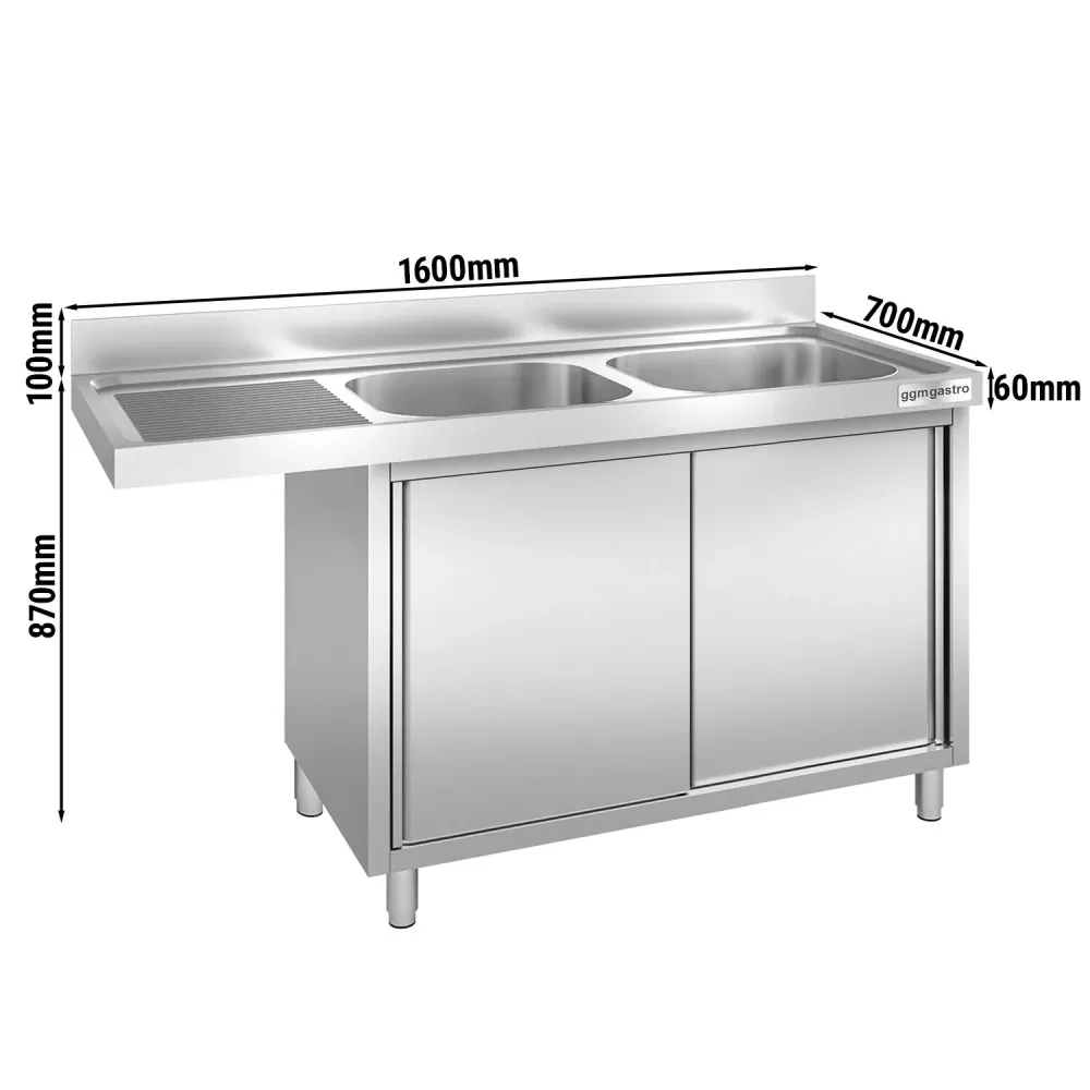 Мивка-шкаф за миялна зона - 1600x700mm - с 2 корита вдясно - AISI 304 - с борд 100mm - корита 40x50cm