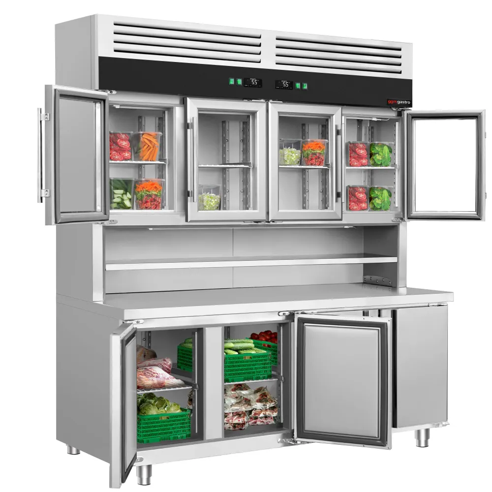 Професионална хладилна витрина - 1800x700mm - с 4 стъклени врати горе - с 4 врати долу - LED осветление - двоен стъклопакет