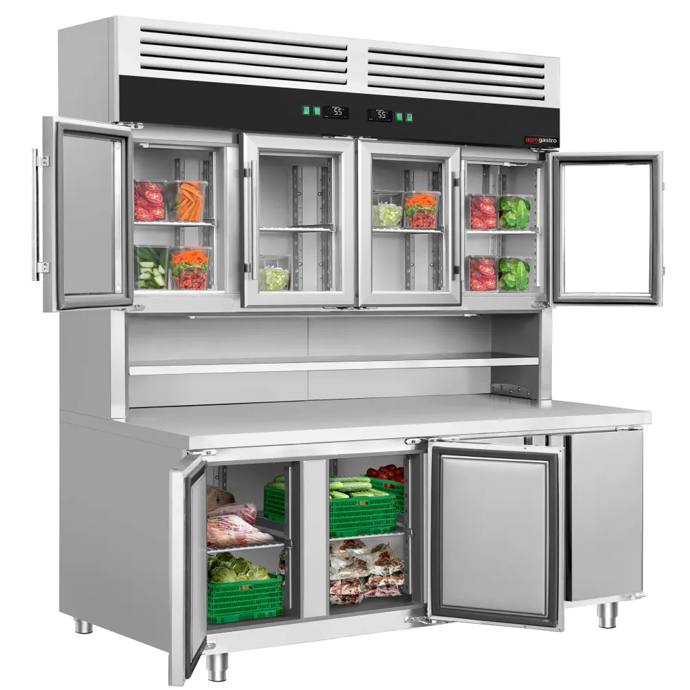 Професионална хладилна витрина - 1800x800mm - с 4 стъклени врати горе, 4 врати долу - LED осветление - вентилирано охлаждане