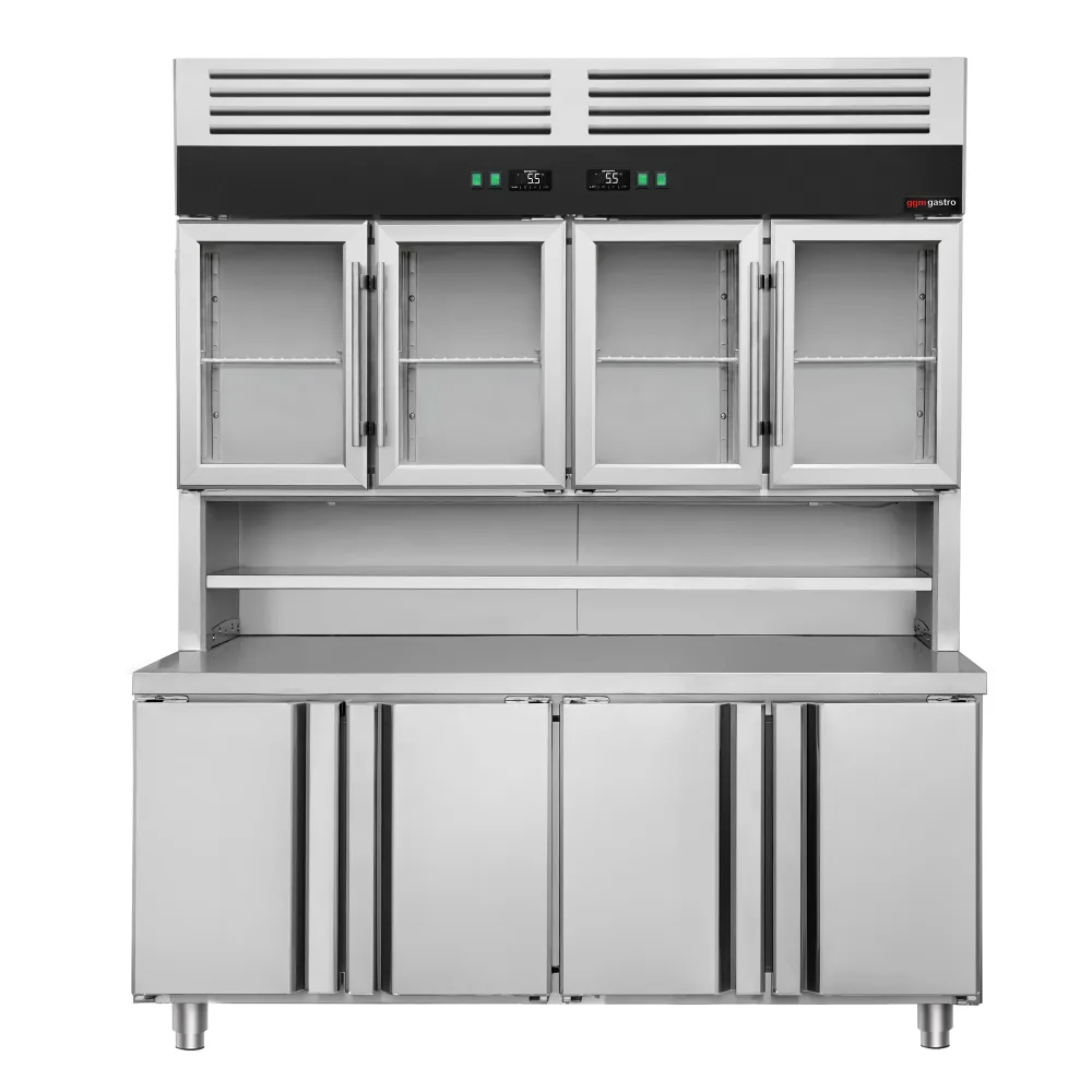 Професионална хладилна витрина - 1800x800mm - с 4 стъклени врати горе, 4 врати долу - LED осветление - вентилирано охлаждане