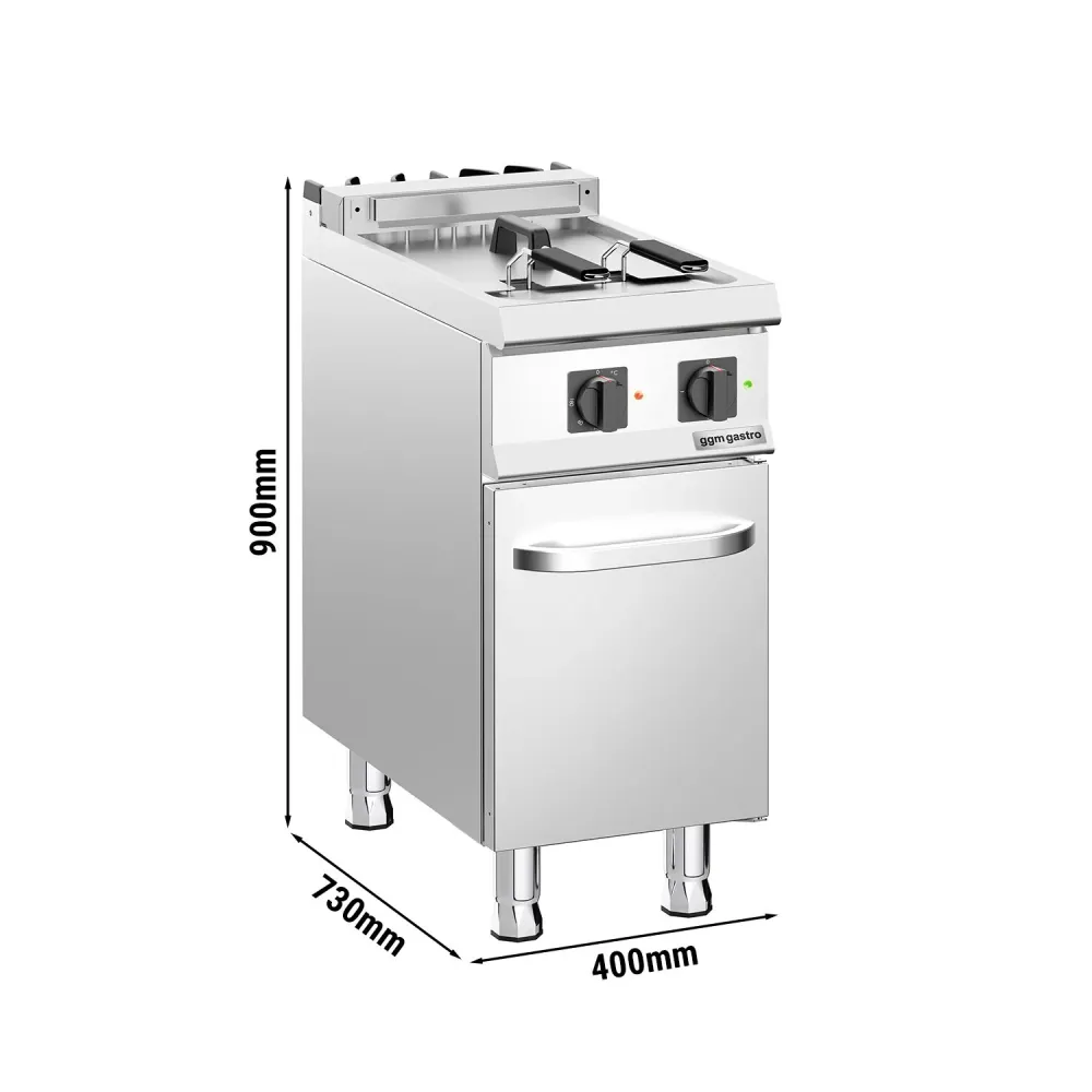 Електрически фритюрник - 18l - 14kW - Ръчно управление - с кран за източване - с шкаф-основа с 1 врата
