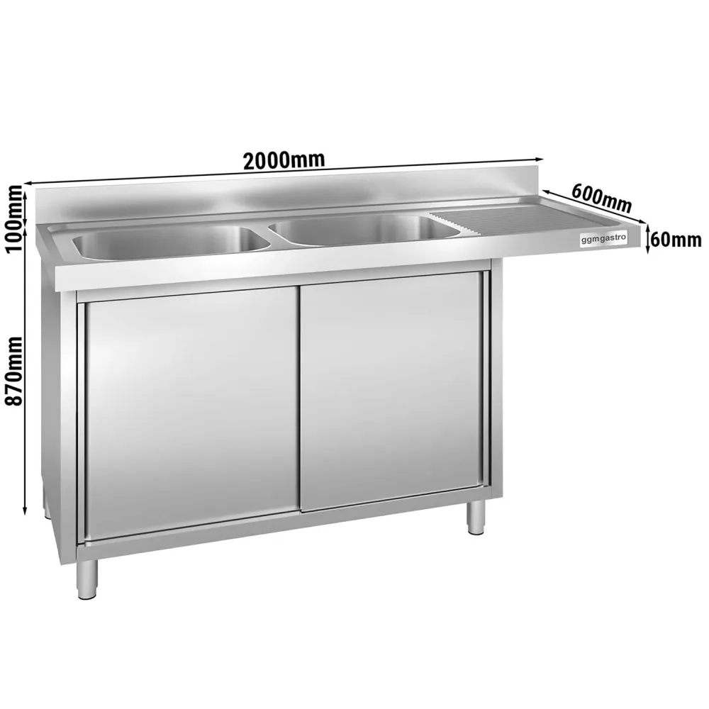 Мивка-шкаф за миялна зона - 2000x600mm - с 2 корита вляво - с борд 100mm - корита 40x40cm - AISI 304