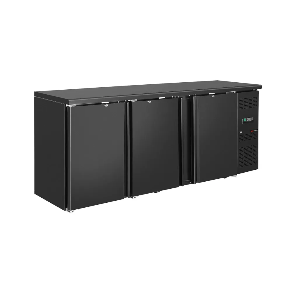 Барова хладилна маса - 2002x513mm - 386 л - с 3 плътни врати, дигитално управление - черно