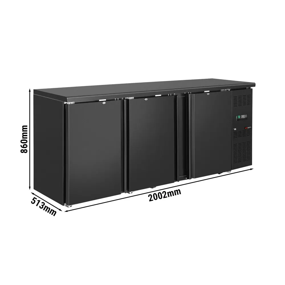 Барова хладилна маса - 2002x513mm - 386 л - с 3 плътни врати, дигитално управление - черно