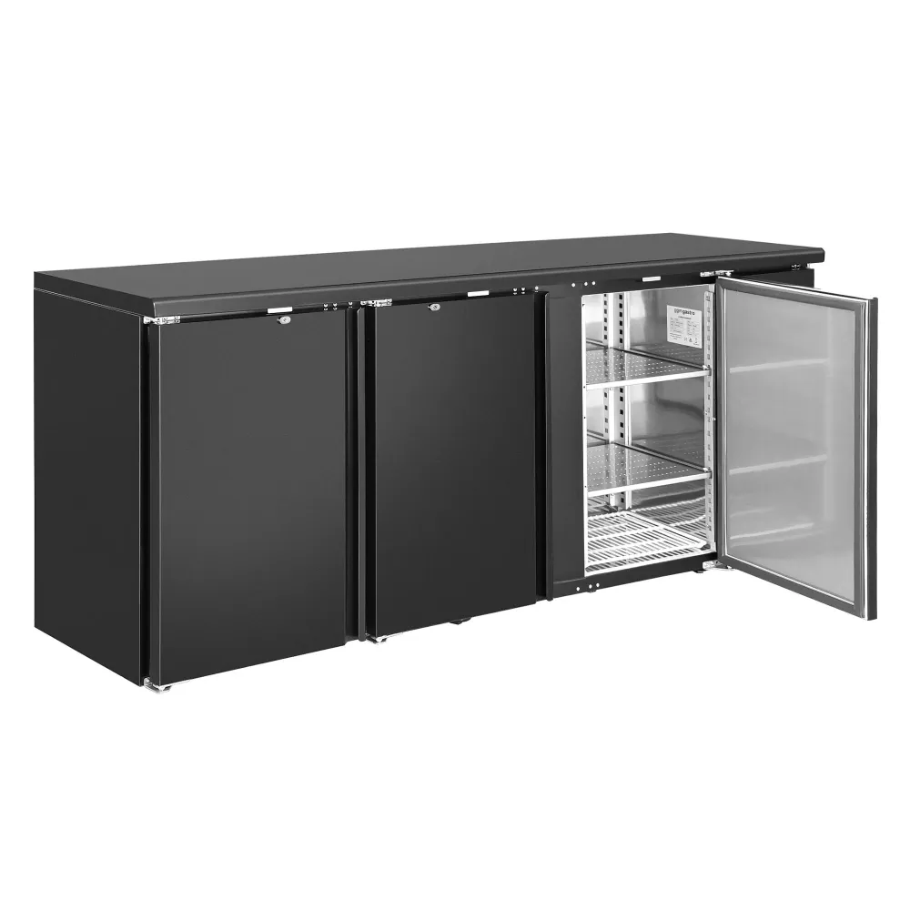 Барова хладилна маса - 2002x513mm - 386 л - с 3 плътни врати, дигитално управление - черно