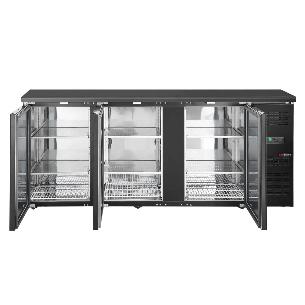 Барова хладилна маса - 2002x513mm - 386 л - с 3 плътни врати, дигитално управление - черно