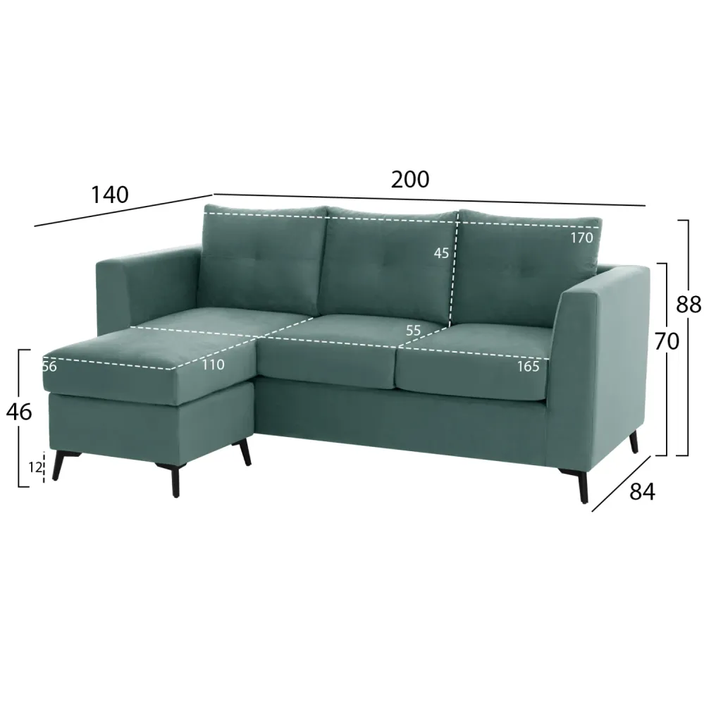 Ъглов диван обръщаем цвят мента плат 200x140x88см