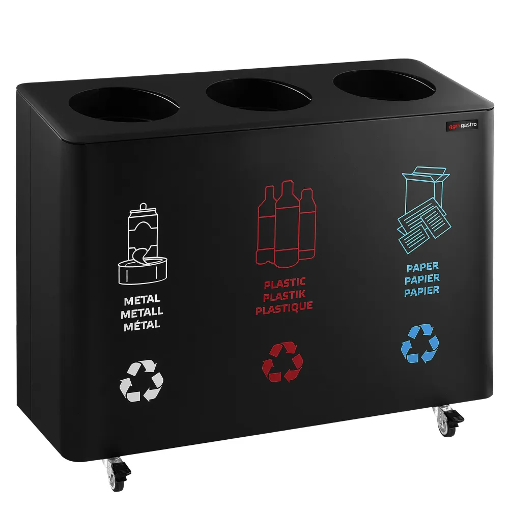 Система за разделяне на отпадъци - на колела - 3 отделения по 25L - 960x360x640mm - комплект стикери за хартия, пластмаса,...