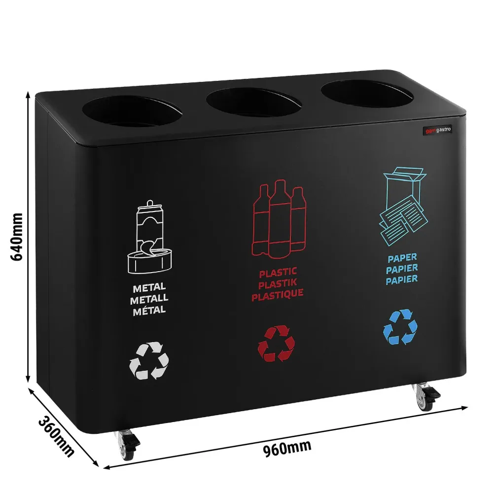 Система за разделяне на отпадъци - на колела - 3 отделения по 25L - 960x360x640mm - комплект стикери за хартия, пластмаса,...