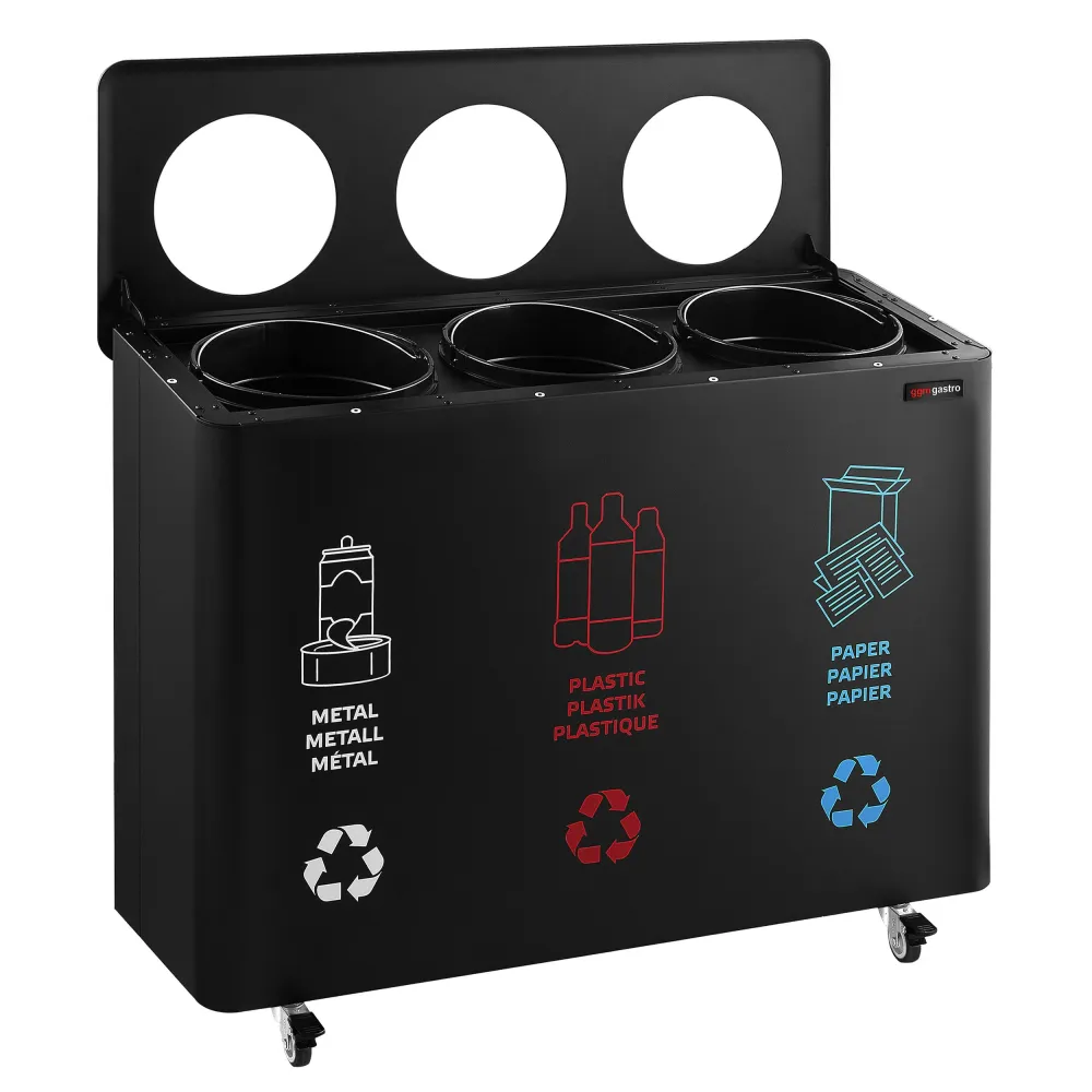 Система за разделяне на отпадъци - на колела - 3 отделения по 25L - 960x360x640mm - комплект стикери за хартия, пластмаса,...