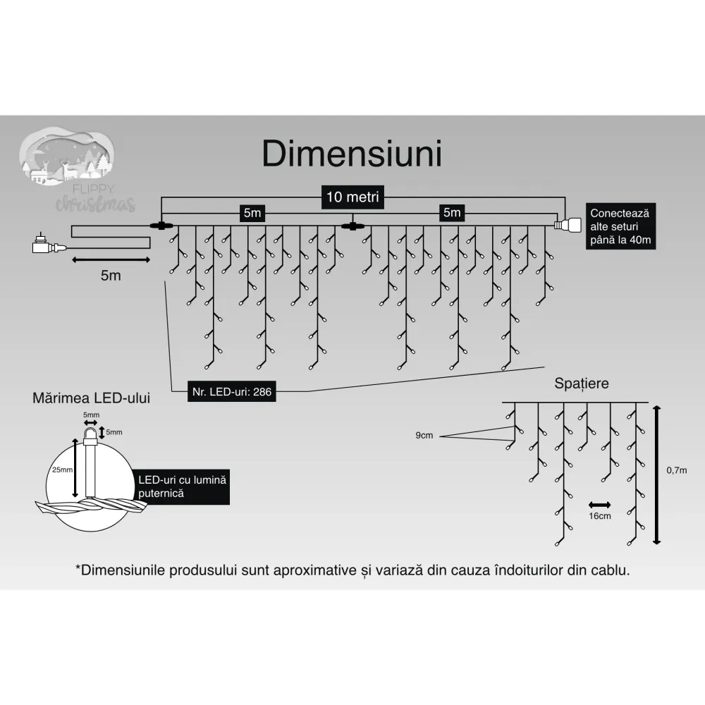 Коледна инсталация, 10 м, 286 светодиода, ресни, студено осветление, светкавица, трансформатор с дистанционно управление,...