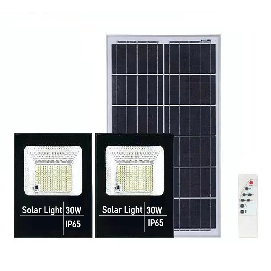 Комплект от 2 30W SMD LED прожектора със слънчево зареждане, соларен панел, с дистанционно управление, монтажна скоба, ABS...