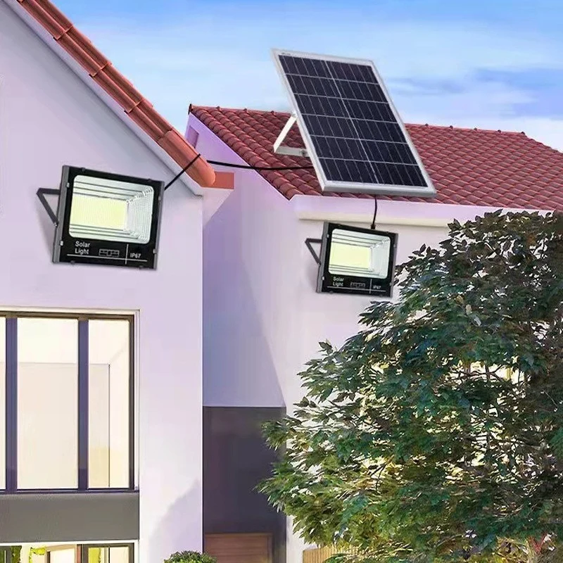 Комплект от 2 30W SMD LED прожектора със слънчево зареждане, соларен панел, с дистанционно управление, монтажна скоба, ABS...
