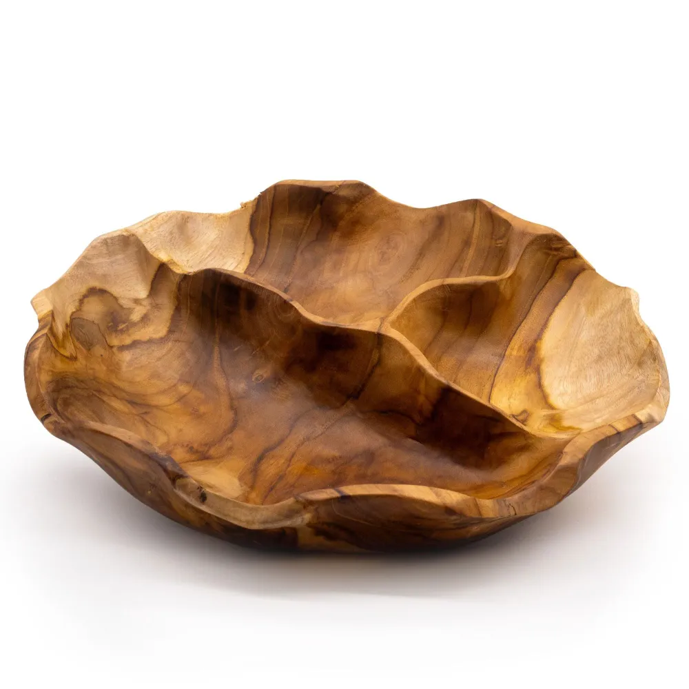 Кръгла купа за плодове от тиково дърво с 3 секции 30x5.5cm