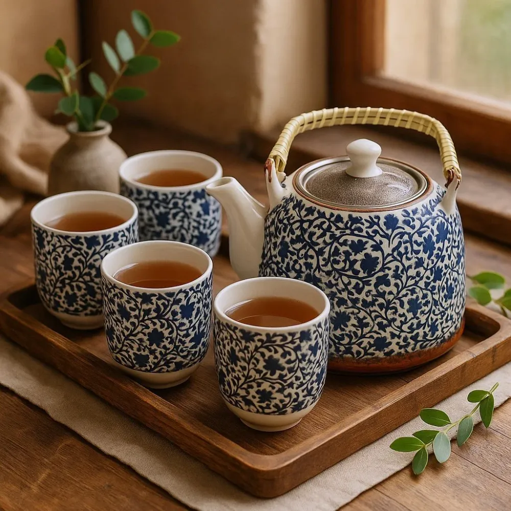 Комплект чайник, син десен