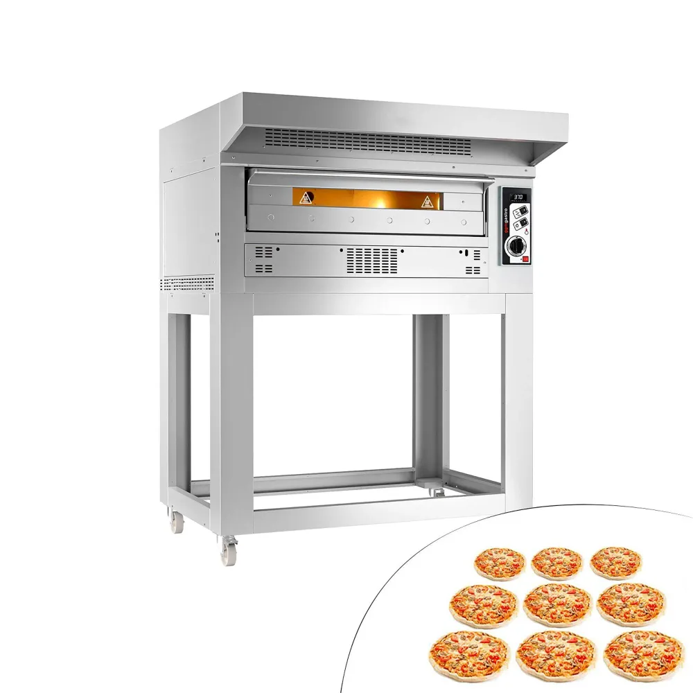 Професионална Газова фурна за пица - 9x Ø33cm - 230V - до 370°C - вкл. Аспиратор 0,85 м. - с мотор и кондензатор & Основа...