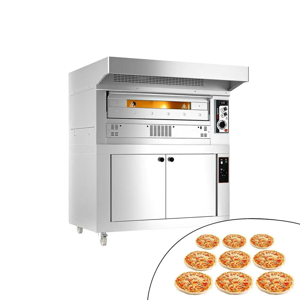 Професионална Газова фурна за пица - 9x Ø33cm - 230V - до 370°C - вкл. абсорбатор от неръждаема стомана (с мотор) - с ферм...
