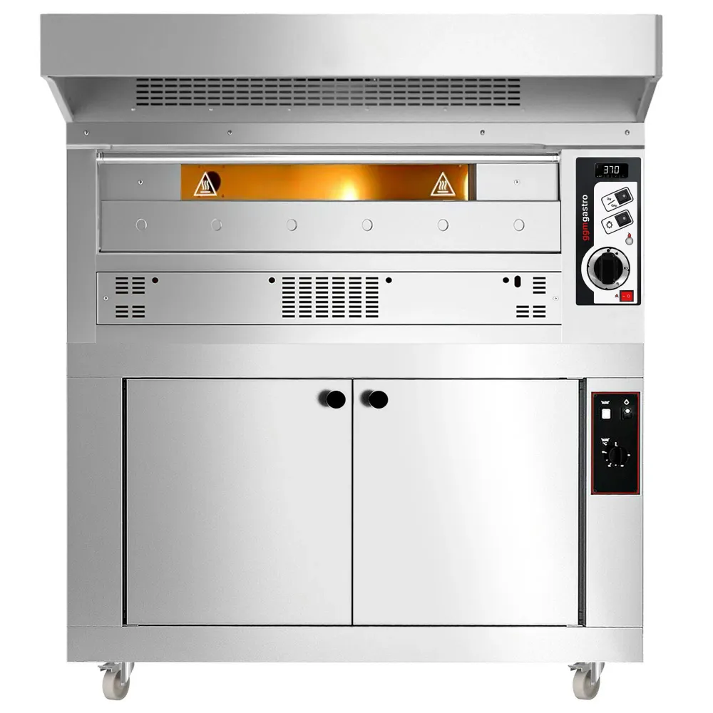 Професионална Газова фурна за пица - 9x Ø33cm - 230V - до 370°C - вкл. абсорбатор от неръждаема стомана (с мотор) - с ферм...