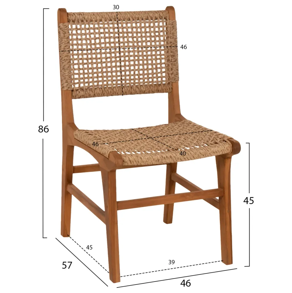 Стол Лея тиково дърво-въже естествен цвят 50x62x85см