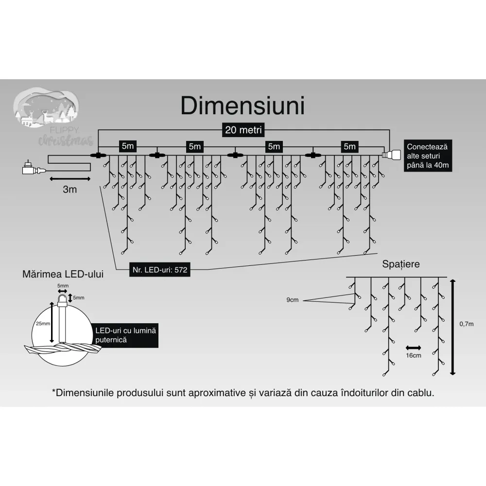 Коледна инсталация, 20 м, 572 светодиода, ресни, студено осветление, светкавица, трансформатор с дистанционно управление,...