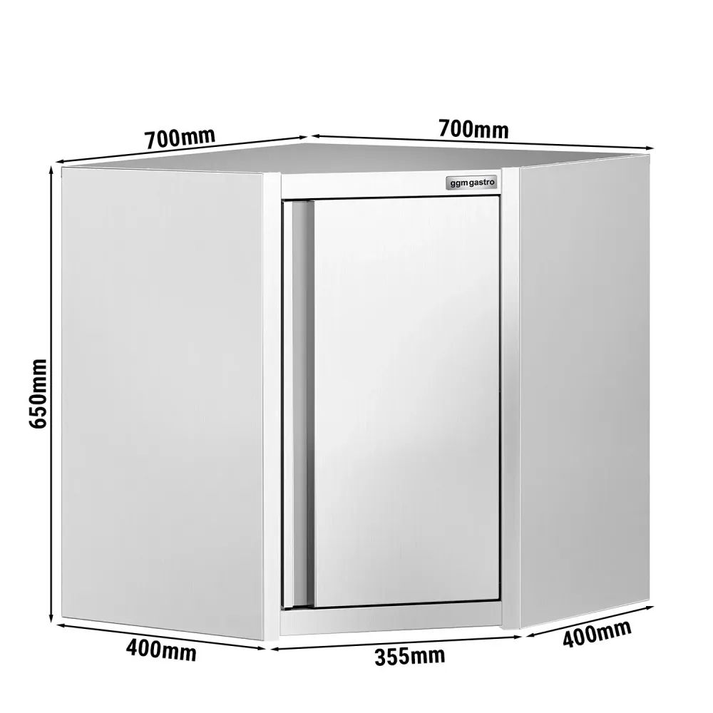 Ъглов стенен шкаф от неръждаема стомана - 700x700mm - с врата на панти - височина: 650mm