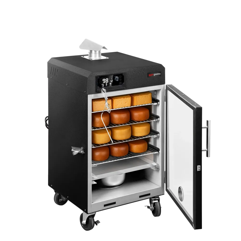 Професионална електрическа пушилня - Дигитално управление - с 4 рафта - 725W - 509x581x1058mm - на колела - Черен