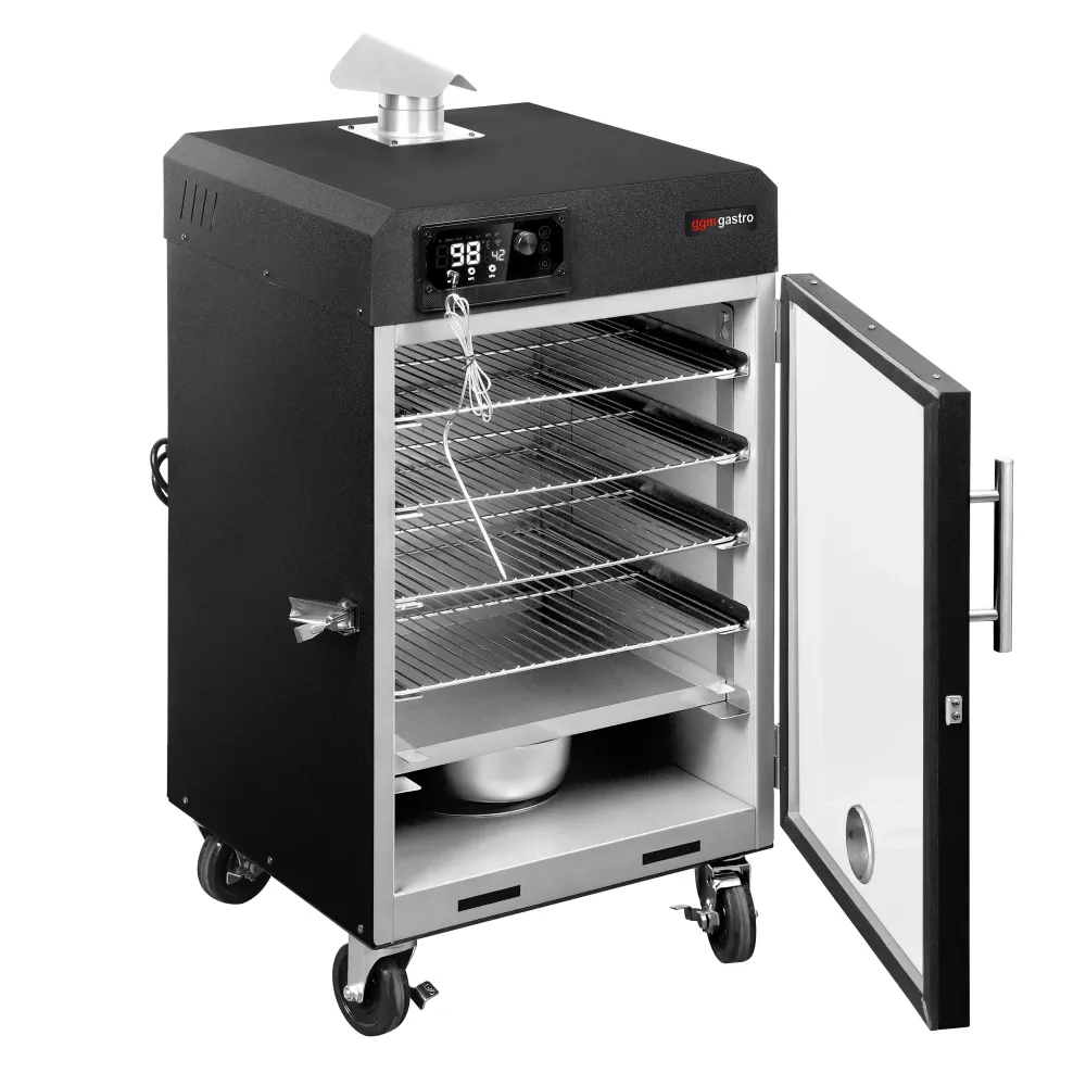 Професионална електрическа пушилня - Дигитално управление - с 4 рафта - 725W - 509x581x1058mm - на колела - Черен