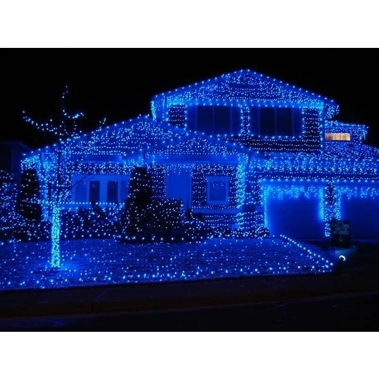 Коледна инсталация, 30 м, 858 светодиода, ресни, синьо, светкавица, трансформатор, свързваща се, включен удължителен кабел...